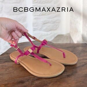 BCBGMaxAzria Kalinda Pink Patten Leather Bow Sandals, 8
